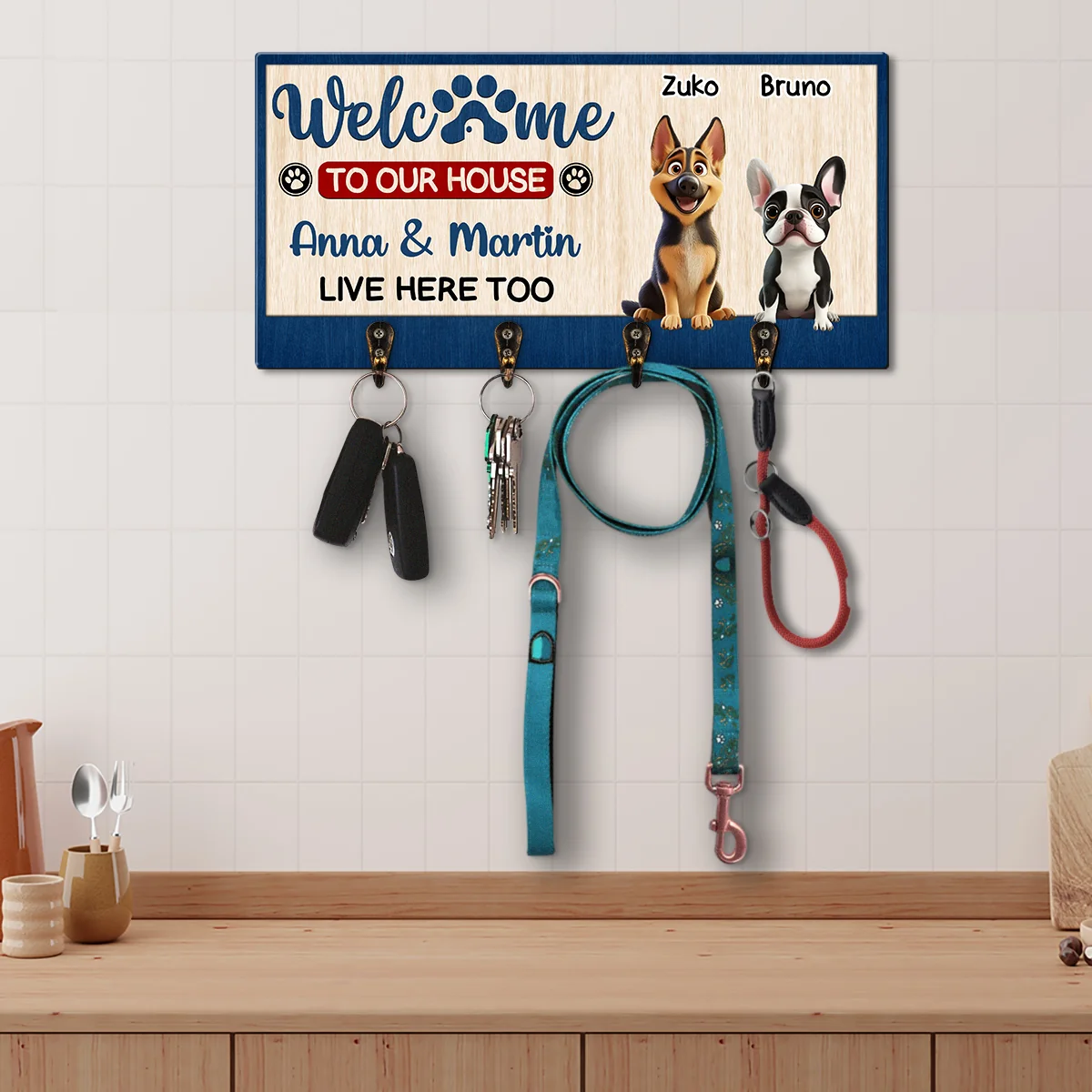 Welcome To Our Lovely Dog Home - Personalized Custom Wooden Key Holder - Image 2