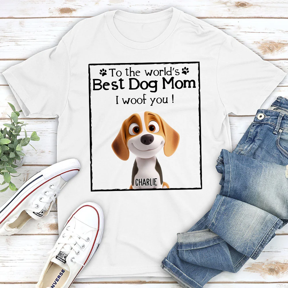 Woof Best Dog Mom Dad Cartoon - Personalized Custom Unisex T-Shirt - Image 2