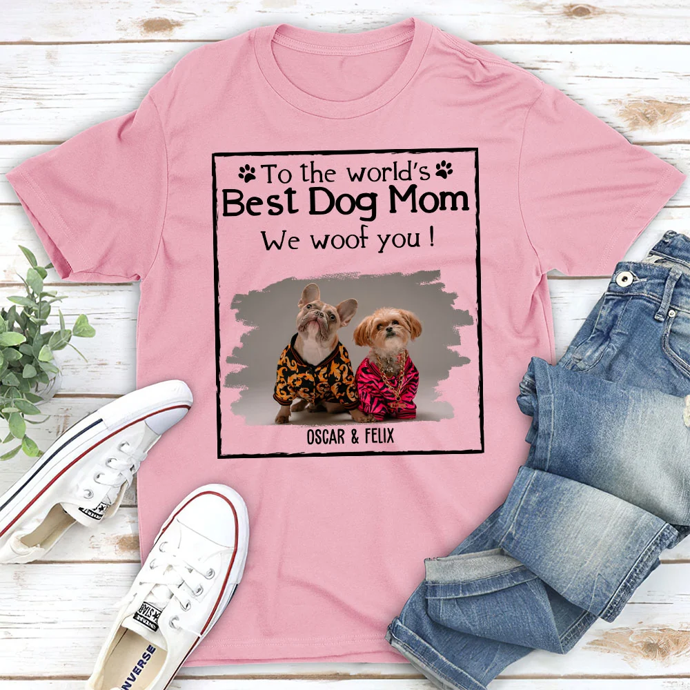 Woof Best Dog Mom Dad Cartoon Photo - Personalized Custom Unisex T-Shirt - Image 4
