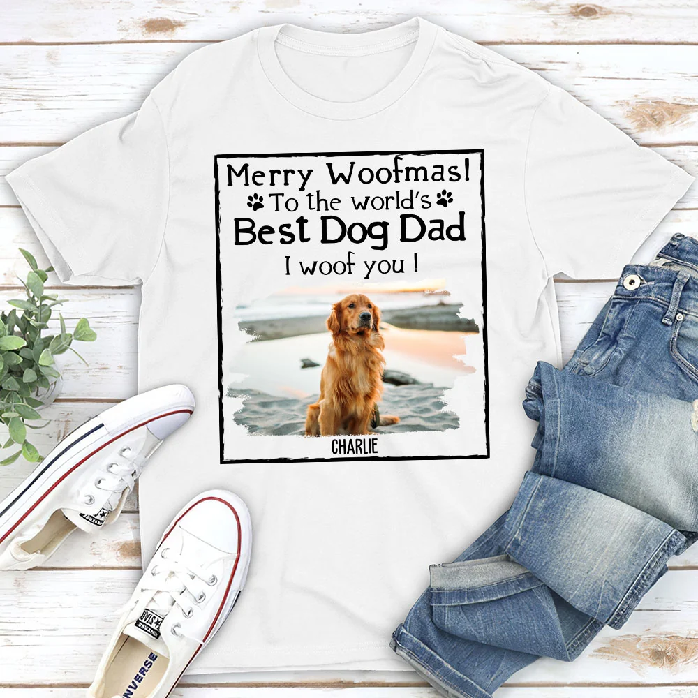 Woof Dog Dad Mom Christmas Photo - Personalized Custom Unisex T-shirt - Image 2