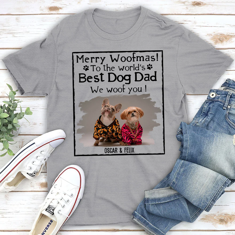 Woof Dog Dad Mom Christmas Photo - Personalized Custom Unisex T-shirt - Image 3
