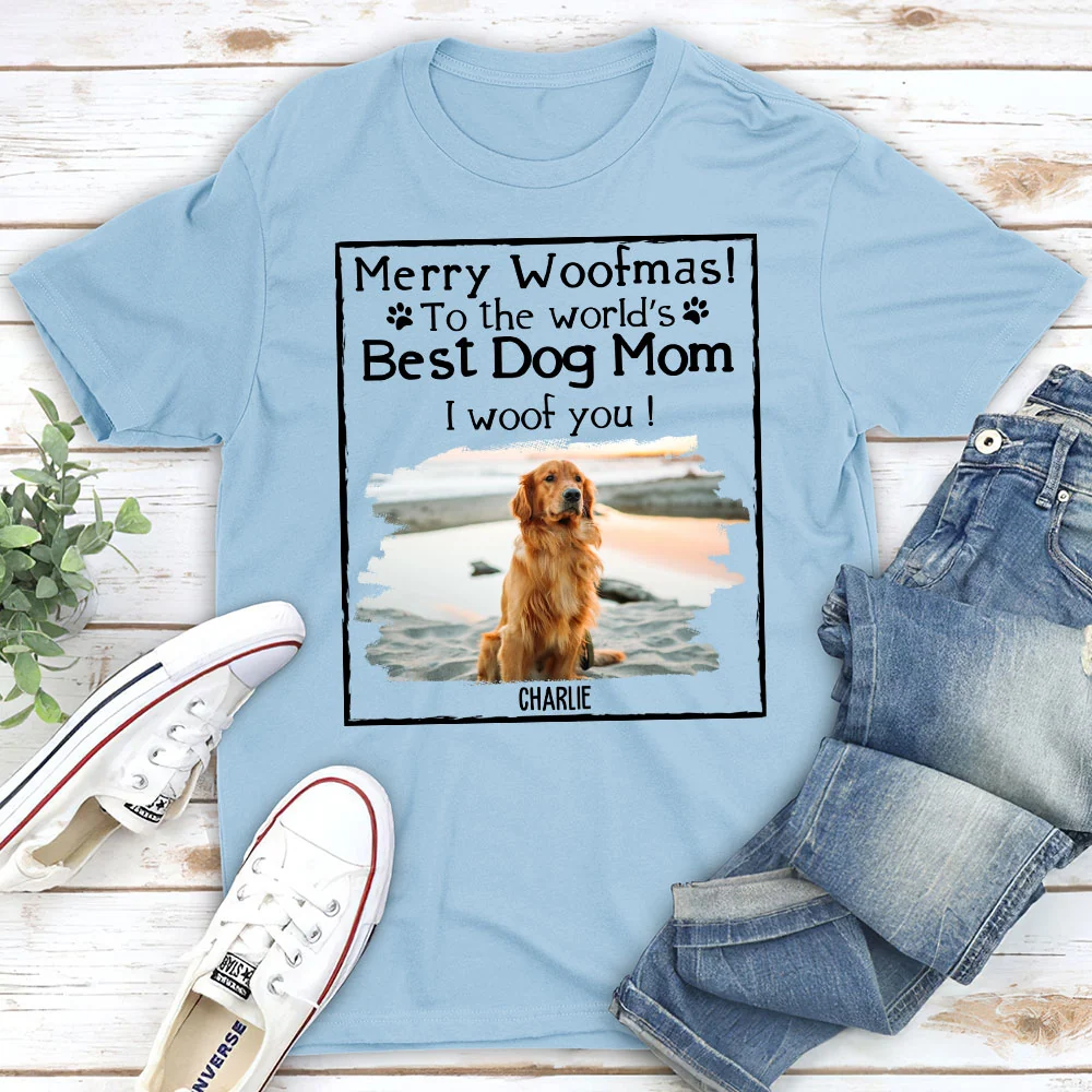 Woof Dog Dad Mom Christmas Photo - Personalized Custom Unisex T-shirt - Image 4
