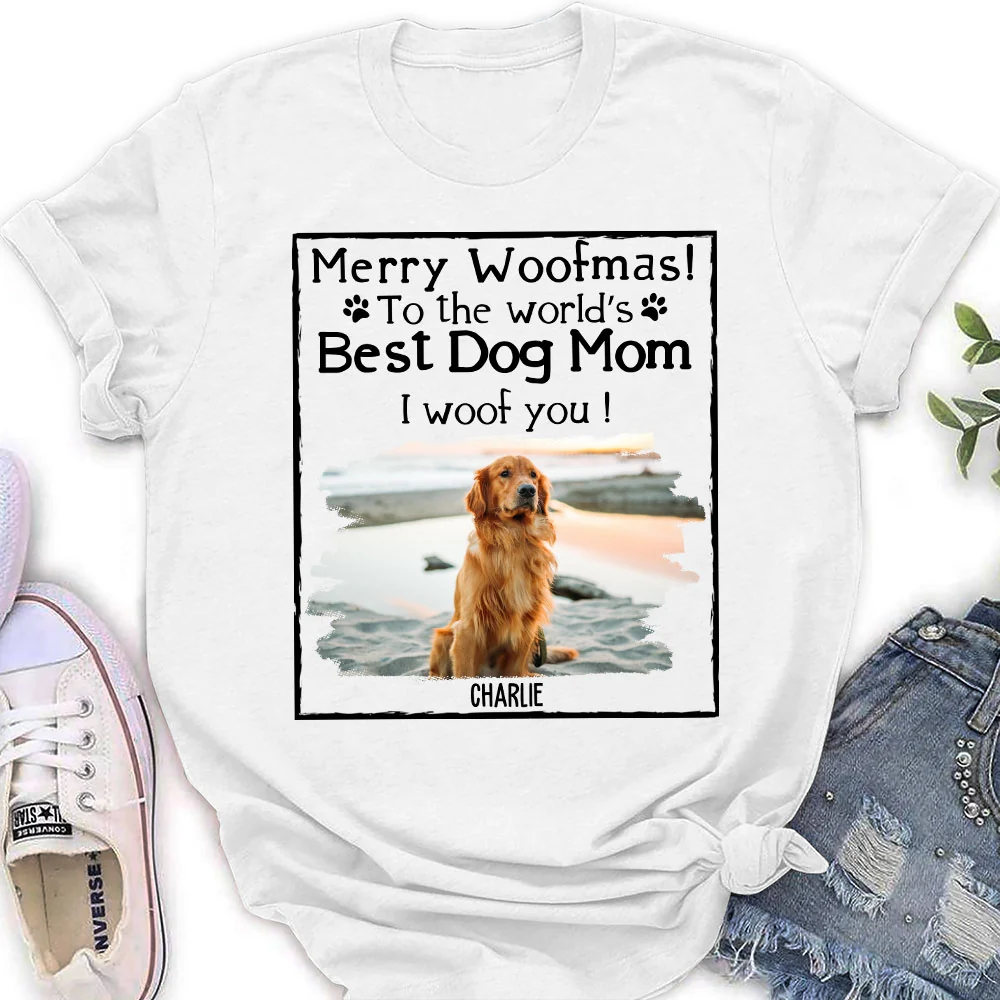 Woof Dog Dad Mom Christmas Photo - Personalized Custom Women T-shirt - Image 2